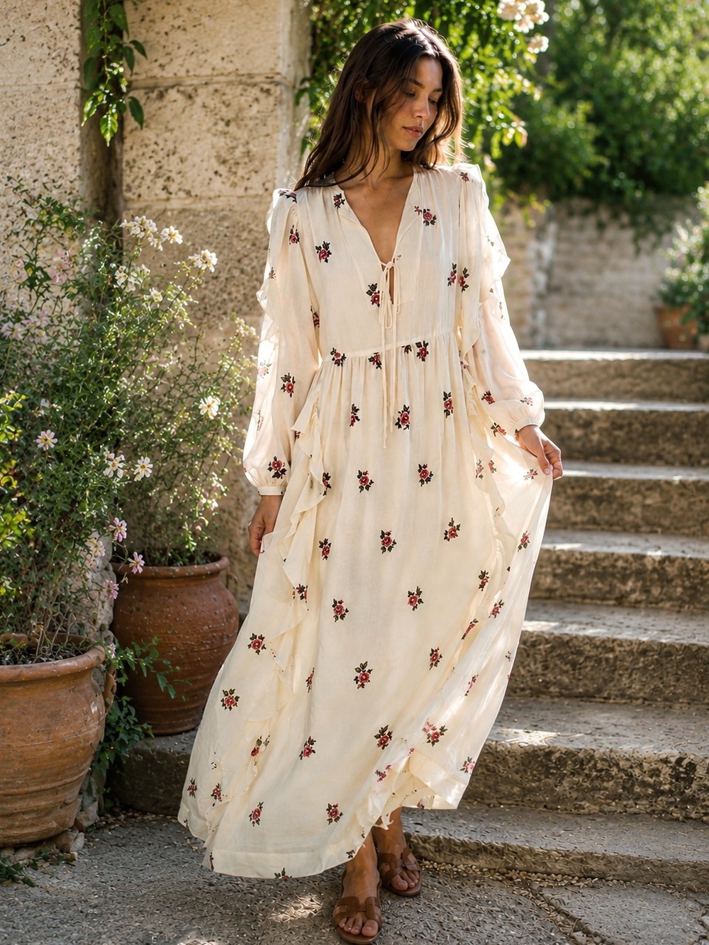 NWT Alix of Bohemia Lina Little Rosebud Maxi Dress in Ivory Cream Rosebud size M